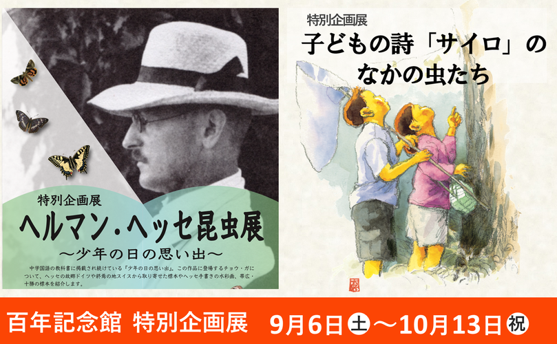 特別企画展　ヘルマン・ヘッセ昆虫展　～少年の日の思い出～　特別企画展　子どもの詩「サイロ」のなかの虫たち　百年記念館　特別企画展　9月6日土曜日～10月13日祝
