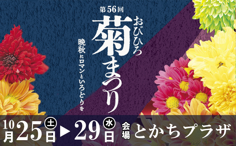 第56回おびひろ菊まつり　晩秋にロマンといろどりを　10月25日土曜日から29日水曜日　会場　とかちプラザ（外部リンク・新しいウインドウで開きます）