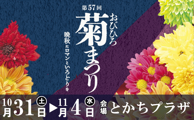 第57回おびひろ菊まつり　晩秋にロマンといろどりを　10月31日土曜日から11月4日水曜日　会場　とかちプラザ