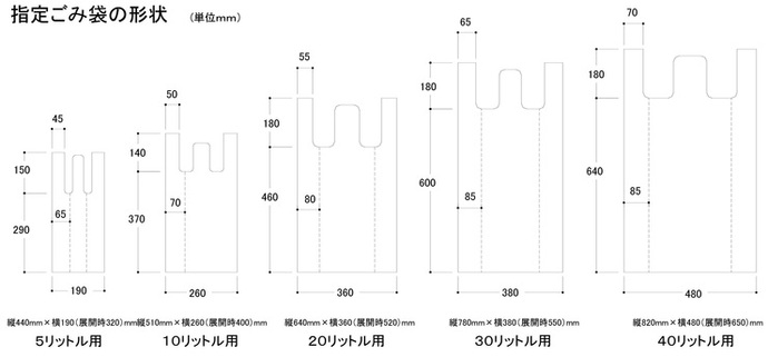 指定ごみ袋の形状のイラスト 5リットル用 縦440ミリ横190ミリ（展開時320ミリ）、10リットル用 縦510ミリ横260ミリ（展開時400ミリ）、20リットル用 縦640ミリ横360ミリ（展開時520ミリ）、30リットル用 縦780ミリ横380ミリ（展開時550ミリ）、40リットル用 縦820ミリ横480ミリ（展開時650ミリ）