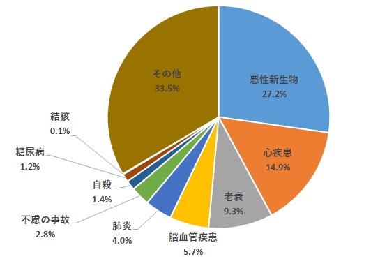 主要死因別死亡数の割合　悪性新生物27.2.5％、心疾患14.9％、老衰9.3％、脳血管疾患5.7％、肺炎4.0％、不慮の事故2.8％、自殺1.4％、糖尿病1.2％、結核0.1％、その他33.5％