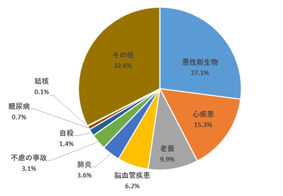 主要死因別死亡数の割合 悪性新生物27.1%、心疾患15.3%、老衰9.9%、脳血管疾患6.2%、肺炎3.6%、不慮の事故3.1%、自殺1.4%、糖尿病0.7%、結核0.1%、その他32.6%