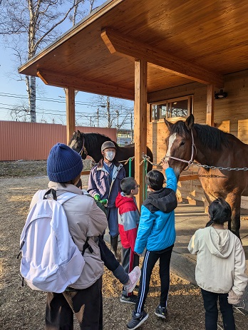 馬ふれあい舎でばん馬とふれあう様子の写真