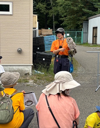生体のエゾフクロウを目の前で観察しているところ