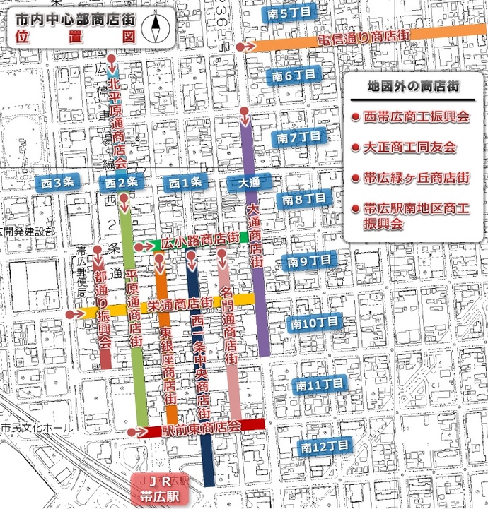 市内中心部の商店街の位置を示した地図