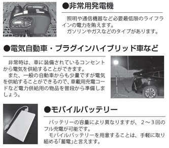 写真：非常用発電機　電気自動車・プラグインハイブリッド車など　モバイルバッテリー