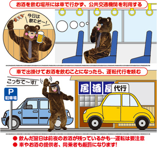 イラスト：お酒を飲む場所には車で行かず、公共交通機関を利用する。車で出掛けてお酒を飲むことになったら、運転代行を頼む。飲んだ翌日には前夜のお酒が残っているかも…運転は要注意。車やお酒の提供者、同乗者も厳罰になります！