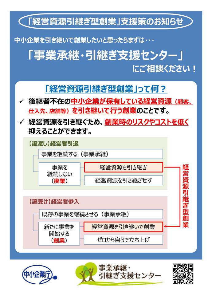 チラシ：「経営資源引継ぎ型創業」支援策